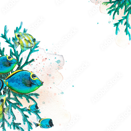Tropical fish are different  bright with corals  a spot and splashes of paint. Watercolor illustration. Composition for the design and decoration of postcards  posters  souvenirs  prints  frame.
