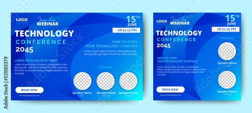 Technology Conference live webinar banner invitation and social media post template. Abstract Black background cover. Business webinar invitation design