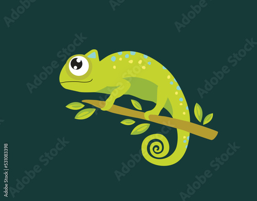 Cute vector chameleon. Little cartoon chameleon on a branch. Tropical animal. Cartoon character. © olga