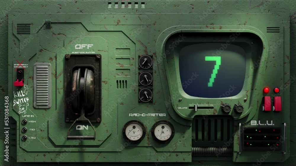 3D Render SciFi dystopian battered metal Control Panel. On the small TV ...