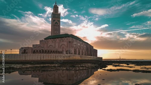 Timelapse of Hassan II mosque in sunset - Casablanca, Morocco