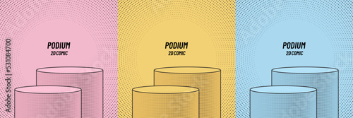 Set of round stand podium with black lines in cartoon comic style. Collection of pink, yellow, blue background with halftone dots pattern. Vector 2d shape product display presentation. Simple flat.