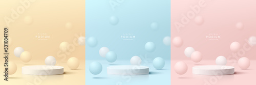 Set of pink, yellow, blue and white realistic 3d cylinder pedestal podium with bouncing  balls background. Vector geometric forms. Abstract minimal scene for product stage showcase, Promotion display.