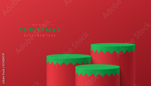 Realistic red, green 3D cylinder stand podium set in serrated pattern style. Merry christmas concept. Abstract minimal scene mockup products, stage showcase, promotion display. Vector geometric form