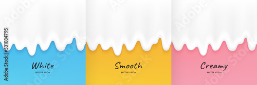 Set of White 3D creamy or beer foam, Abstract white fluid flowing drop on blue, yellow, pink background with copy space. Minimal style. Design for flyer, cover brochure, web banner, card. Vector EPS10