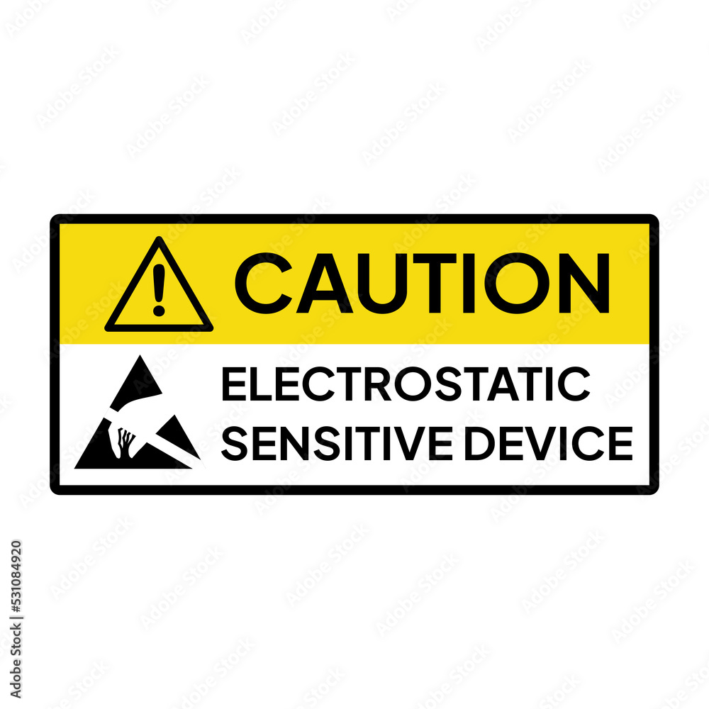 Warning sign or label for industrial.  Caution for ESD equipment.  Caution for electrostatic sensitive device.