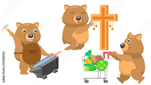 Set Abstract Collection Flat Cartoon Different Animal Wombats Knocks On The Anvil With A Hammer, Pulling A Grocery Cart, Pray Before The Cross Vector Design Fauna Wildlife