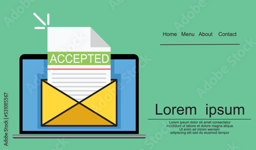 Laptop and envelope with university acceptance letter. Modern flat design vector illustration
