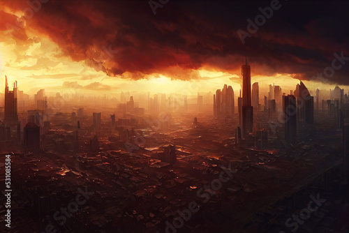 Canvas-taulu An apocalyptic, climate-changed-induced firestorm ravages city streets in a 3D digital illustration