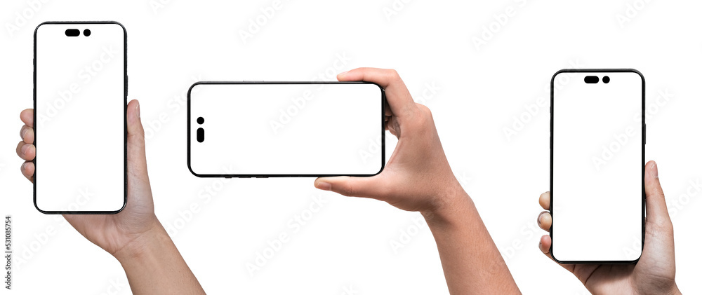 Smartphone similar to iphone 14 with blank white screen for Infographic Global Business Marketing Plan, mockup model similar to iPhone isolated Background of digital investment economy - Clipping Path - obrazy, fototapety, plakaty 