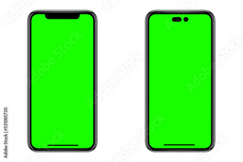 Smartphone frameless mockup. Studio shot of green screen smartphone with blank screen for Infographic Global Business web site design app, Content for technology, iphone 14. 