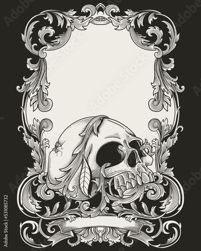 dead skull with vintage heraldic frame 
