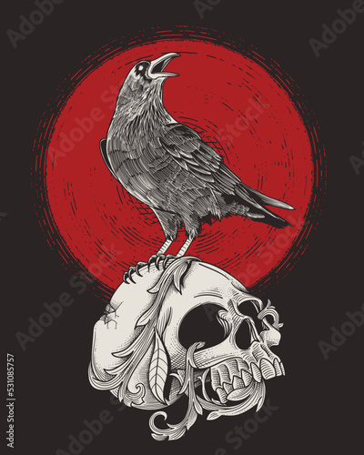 dead skull with standing raven
