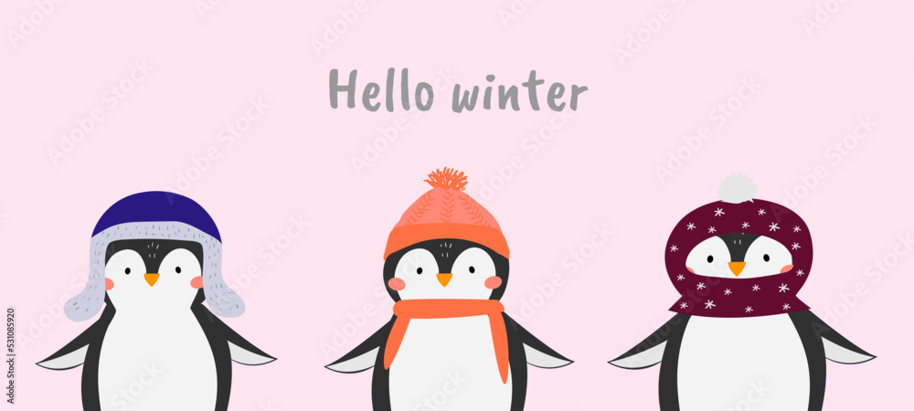 Obraz premium Vector illustration with cute penguins. Hello winter. Arctic animals in winter clothes. Penguins in funny hats. Close-up. Cartoon style. Pink isolated background.