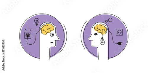 Head brain icons. Male human think symbols. Flat minimal style. Vector illustration. 
