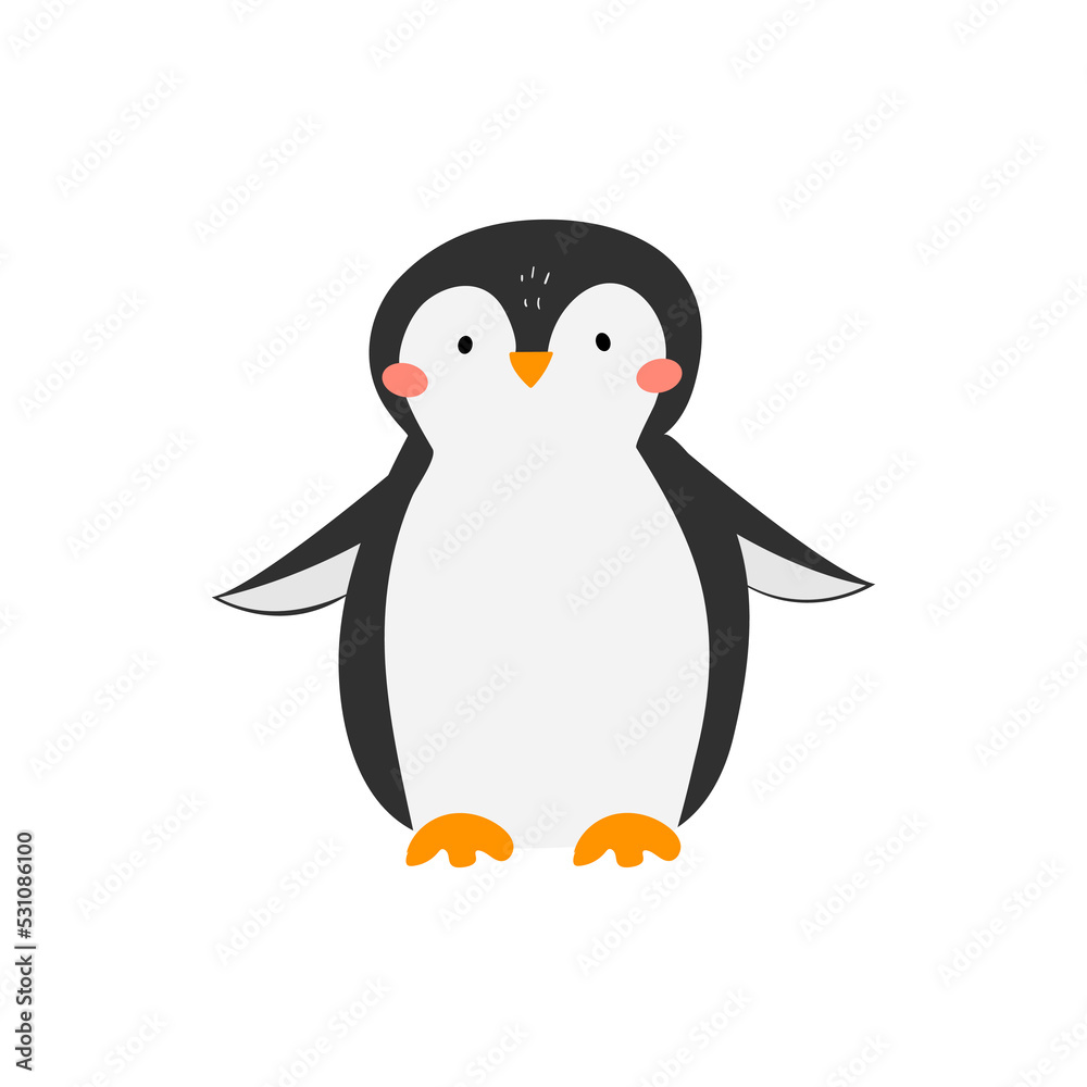 Fototapeta premium Vector illustration of a cute penguin. Arctic animal in flat style. Penguin with pink cheeks. Children's illustration. Print for textiles, children's clothing, notebooks. White isolated background.
