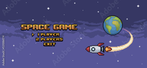 Pixel art space game home screen, game menu with rocket flying over earth 8 bit game background