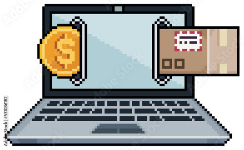Pixel art laptop with coin and parcel. buy package online vector icon for 8bit game on white background