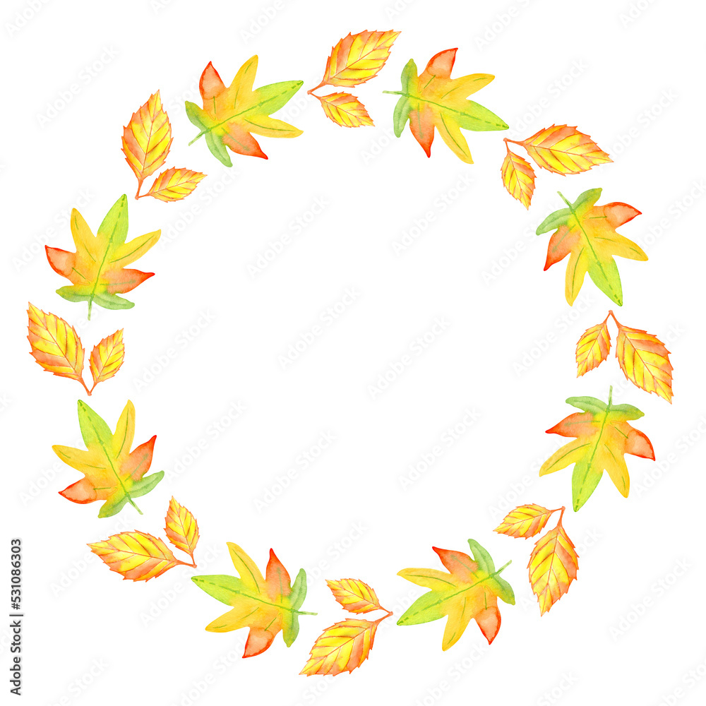 Watercolor autumn leaves wreath isolated on transparent background. Floral illustration.