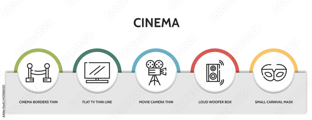 set of 5 thin line cinema icons with infographic template. outline ...