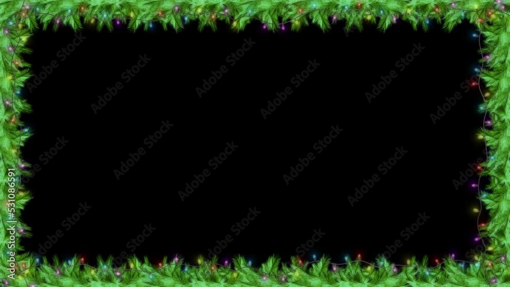 Christmas festive frame twinkling lights, fir branches, decorations, candy, for space for design greeting card and commercials. Christmas-themed frame with natural green garlands and twinkling lights.