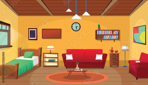 Room inside interior, Bedroom, Cartoon living room, kids bedroom with furniture. Teenage room with bed, Kid or child room.