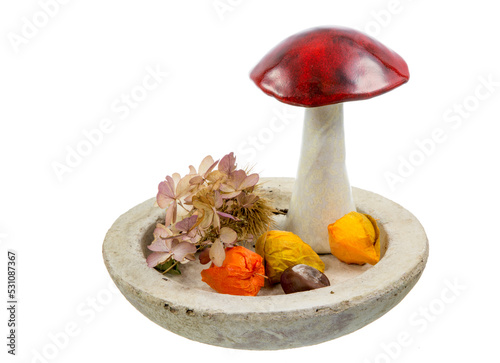 Isolated autumn deco with a mushroom in a bowl photo