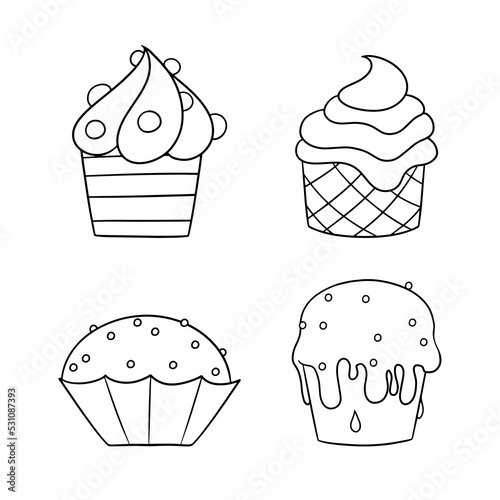 Monochrome set of icons, delicious cupcakes with delicate cream and sugar crumbs, vector cartoon