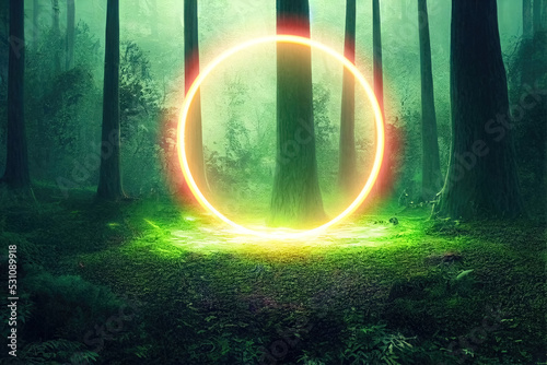 In the center of the forest stands a night scene  portal to the netherworld. The rim of the portal glows yellow. Landscape with mystic green glowing in neon frame. 3d illustration photo