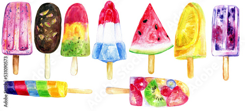 Collection of colorful hand-painted watercolor popsicles, isolated images with transparent background, 500 dpi PNG, watercolor clipart for logos, invitations  