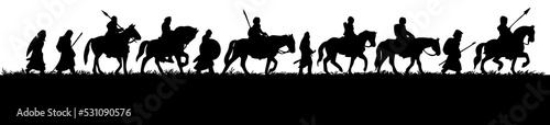 silhouette of group of medieval warriors on the expedition, black illustration, isolated