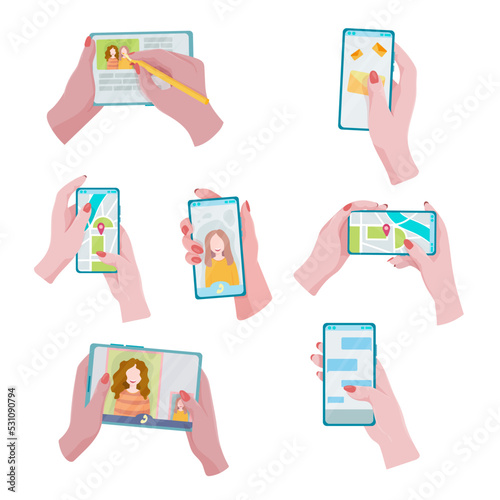 A set of gadgets in hands. Smartphone, tablet or e-book. A device for communication, learning and creativity. Vector illustration of isolates on a white background.