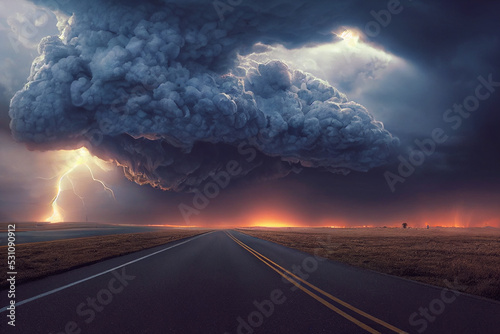 digital illustration of a tornado on a city street. Natural disaster in towns caused by climate change. Hurricanes are also known as typhoons or tornadoes, accompanied by lightnings and twisters.