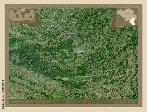 Luxembourg, Belgium. High-res satellite. Labelled points of cities photo