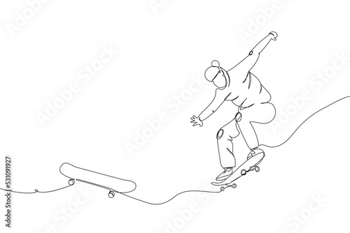 Skateboarder doing a trick with skatebboard set one line art. Continuous line drawing sports, training, sport, leisure, teenager, street culture, subculture, urban, extreme, youth man, stadium.