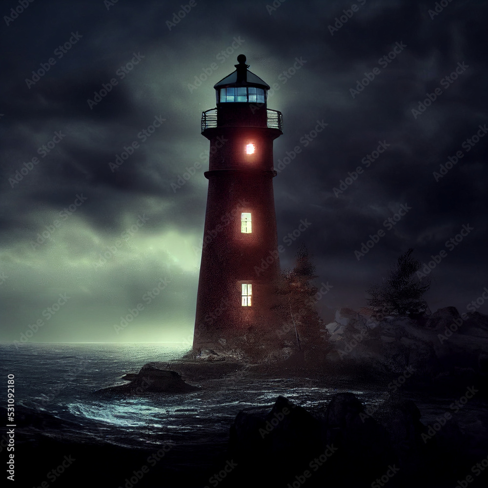 Bedrohlicher Leuchtturm in der Nacht in typischer Horrorfilmatmosphere auf dem Meer