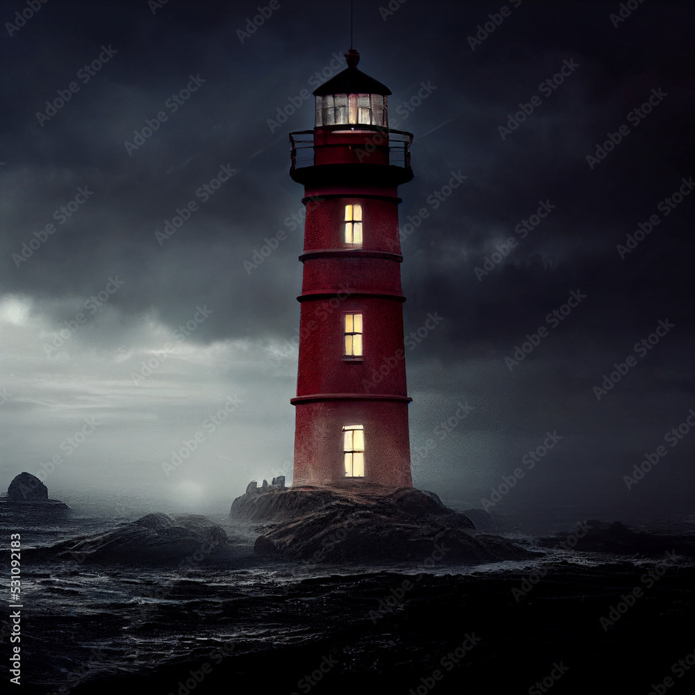 Bedrohlicher Leuchtturm in der Nacht in typischer Horrorfilmatmosphere auf dem Meer, generative ai technology