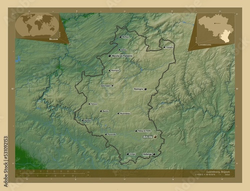 Luxembourg, Belgium. Physical. Labelled points of cities