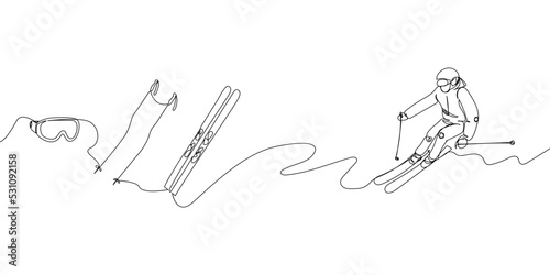 Man goes skiing with ski, racing poles and goggles set one line art. Continuous line drawing sport, winter sports, do tricks, skis, ski poles, goggles, extreme, uniform, man, woman, leisure, hobby.