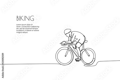 Web banner with man in a protective helmet rides a bicycle one line art. Continuous line drawing of promotion poster training, sport, leisure, race, bike, teenager, cycle racing, extreme, woman, man.