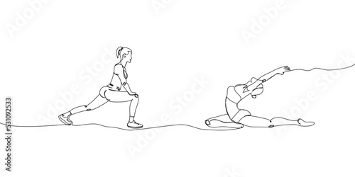 Fitness girls, training set one line art. Continuous line drawing sports, fitness, pilates, athletics, yoga, lunges, strength, athlete, woman, stretching, half twine, workout.