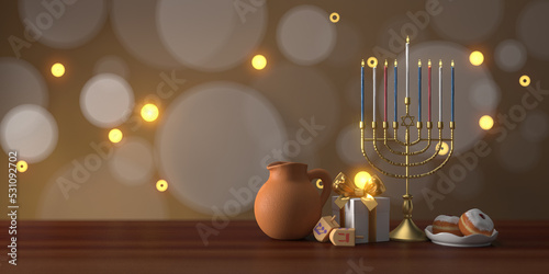 3d rendering Image of Jewish holiday Hanukkah with menorah or traditional Candelabra,gif box, jar and wooden dreidels or spinning top on a  brown background.