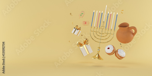 3d rendering Image of Jewish holiday Hanukkah with menorah or traditional Candelabra, donuts and wooden dreidels orspinning top, doughnut on a yellow background.