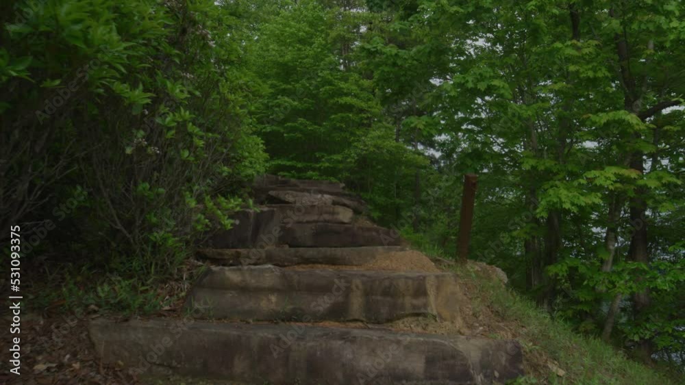 Pathway made of stone steps surrounded by trees in Smoky Mountains in slow motion Pathway made of stone steps surrounded by trees in Smoky Mountains in slow motion