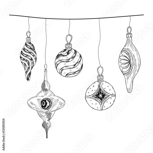 A set of Christmas decorations in the doodle style.Hand-drawn patterns.Glass icicles and balls.Painted in vintage style