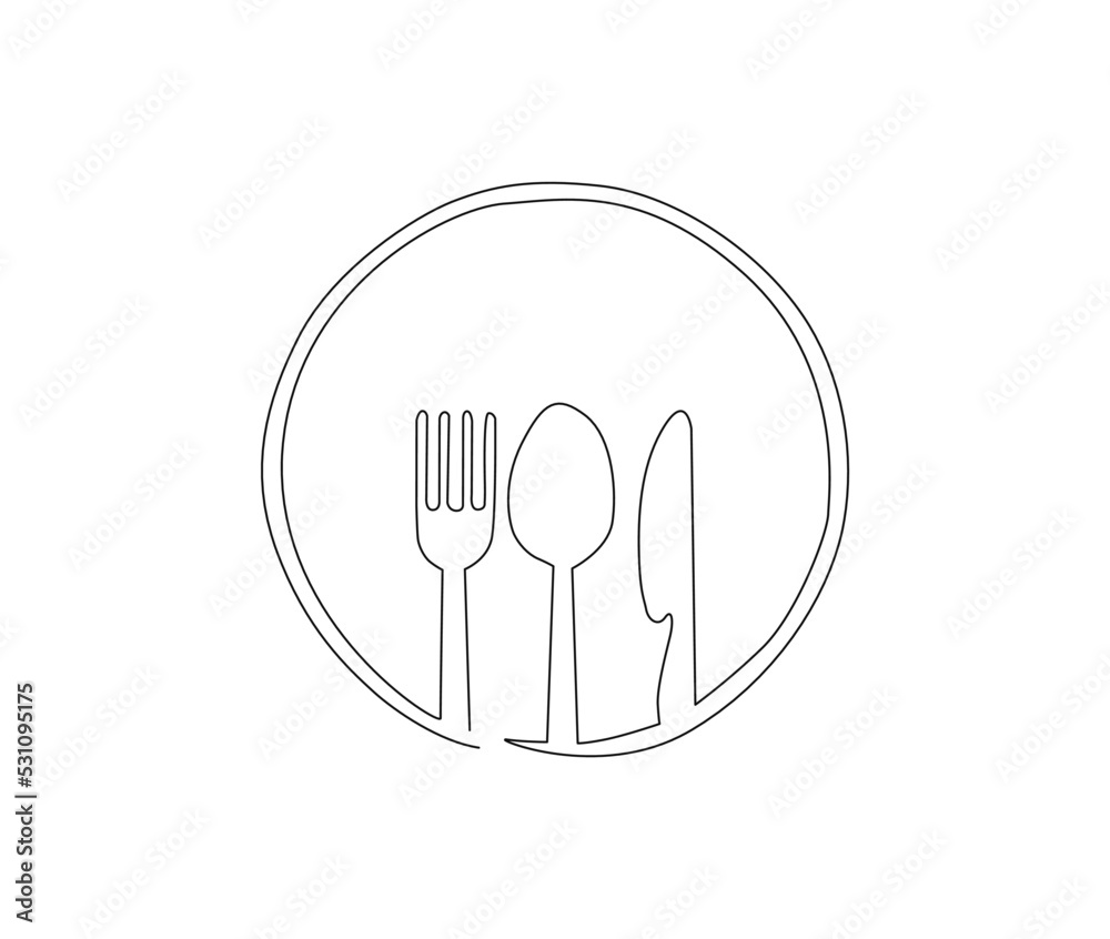 Continuous line drawing of spoon, knife, pork vector illustration. dish set up single line hand drawn minimalism style. Continuous line drawing of spoon, knife, pork vector illustration. dish set up single line hand drawn minimalism style.