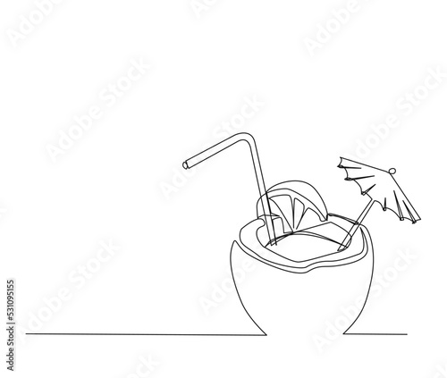 Continuous line drawing of tropical coconut drink vector illustration. Summer tropical coconut juice single line hand drawn minimalism style.