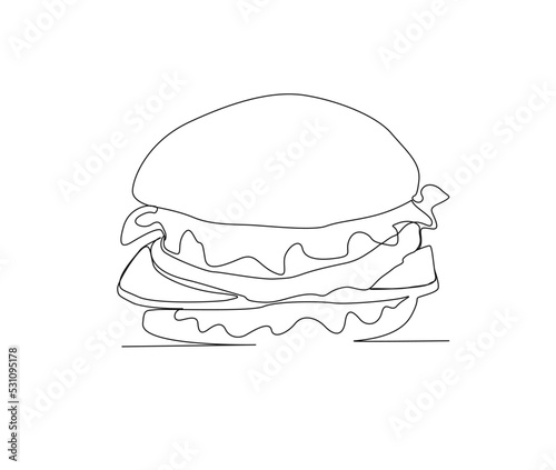 Continuous line drawing of Ham vector illustration. Hamburger single line hand drawn minimalism style.