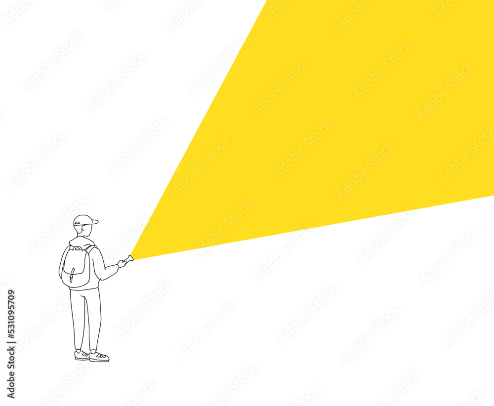 linear drawing of a boy with a flashlight, vector illustration linear drawing of a boy with a flashlight, vector illustration