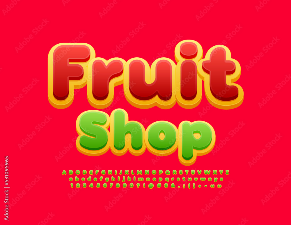 Vector business logo Fruit Shop with modern Font. Bright Alphabet Letters, Numbers and Symbols